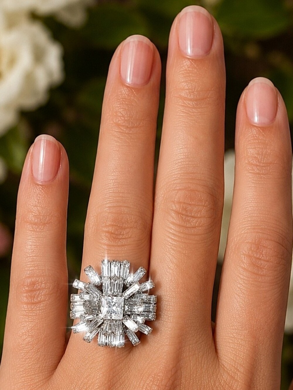 Prong Set Clear Smoke Baguette Rhinestone Vintage Silver Tone Stretch Ring